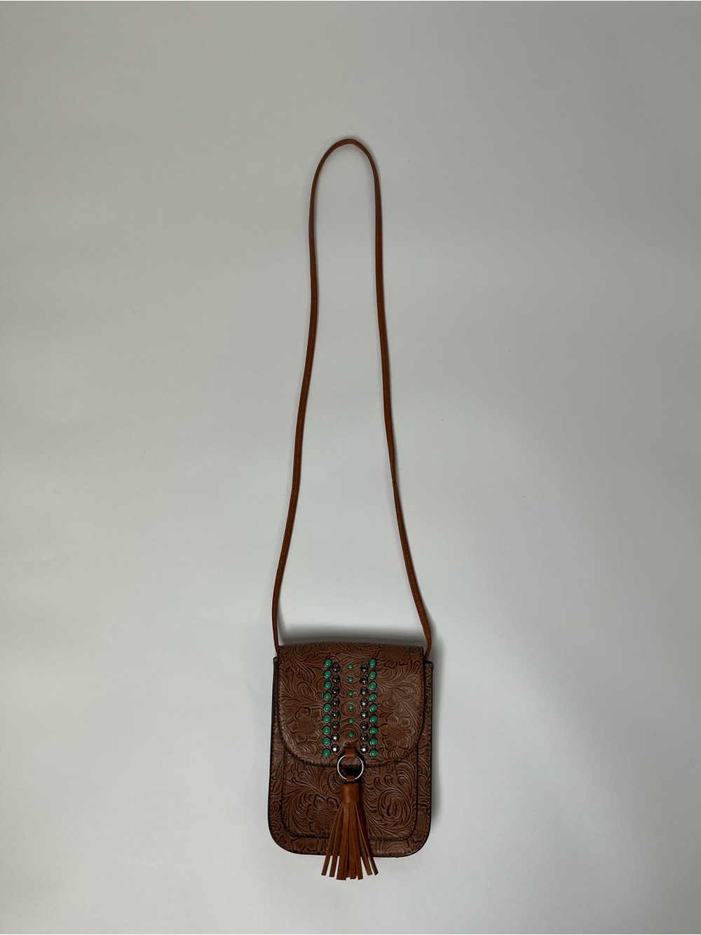 Western Tooled Faux Leather Crossbody Bag Turquoise Studded Tassel Purse Boho - Picture 3 of 9